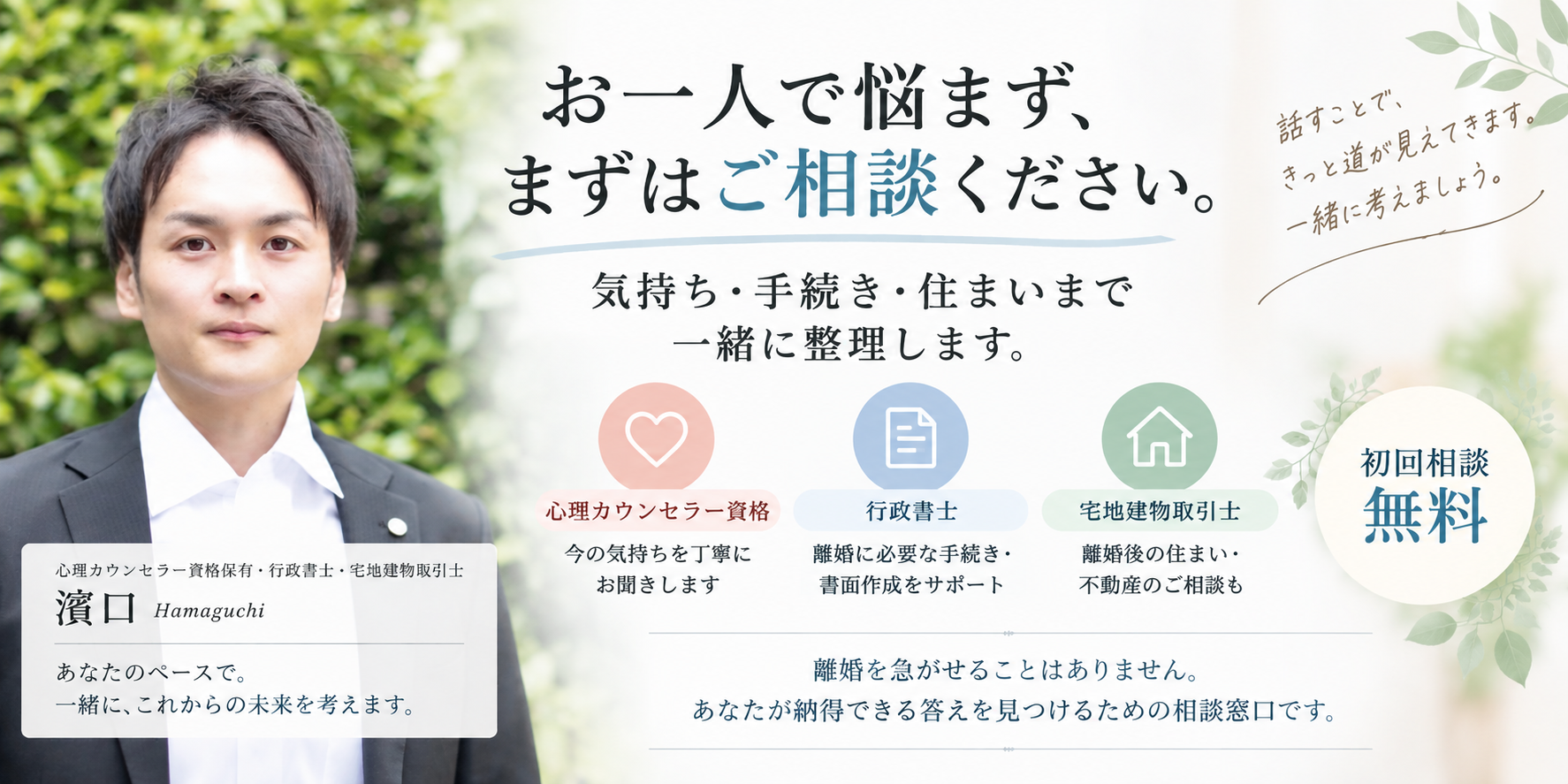 離婚・夫婦問題カウンセリング担当 行政書士 濱口